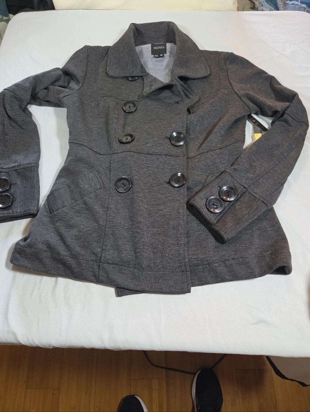 XOXO Women charcoal gray peacoat M double-breasted button closure Dark Academia - Picture 5 of 10